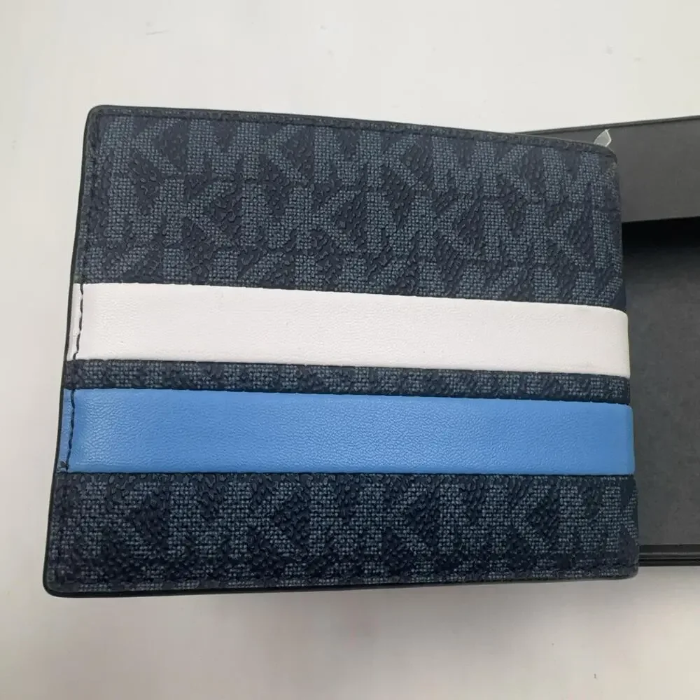 Michael Kors Malone Wallet Slim Billfold Mens Stripe Logo Blue Multi White